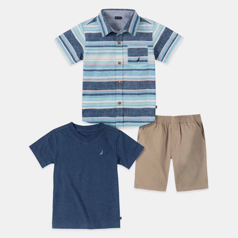 TODDLER BOYS' STRIPE WOVEN 3PC SHORT SET (2T-4T),Windsurf Blue,large