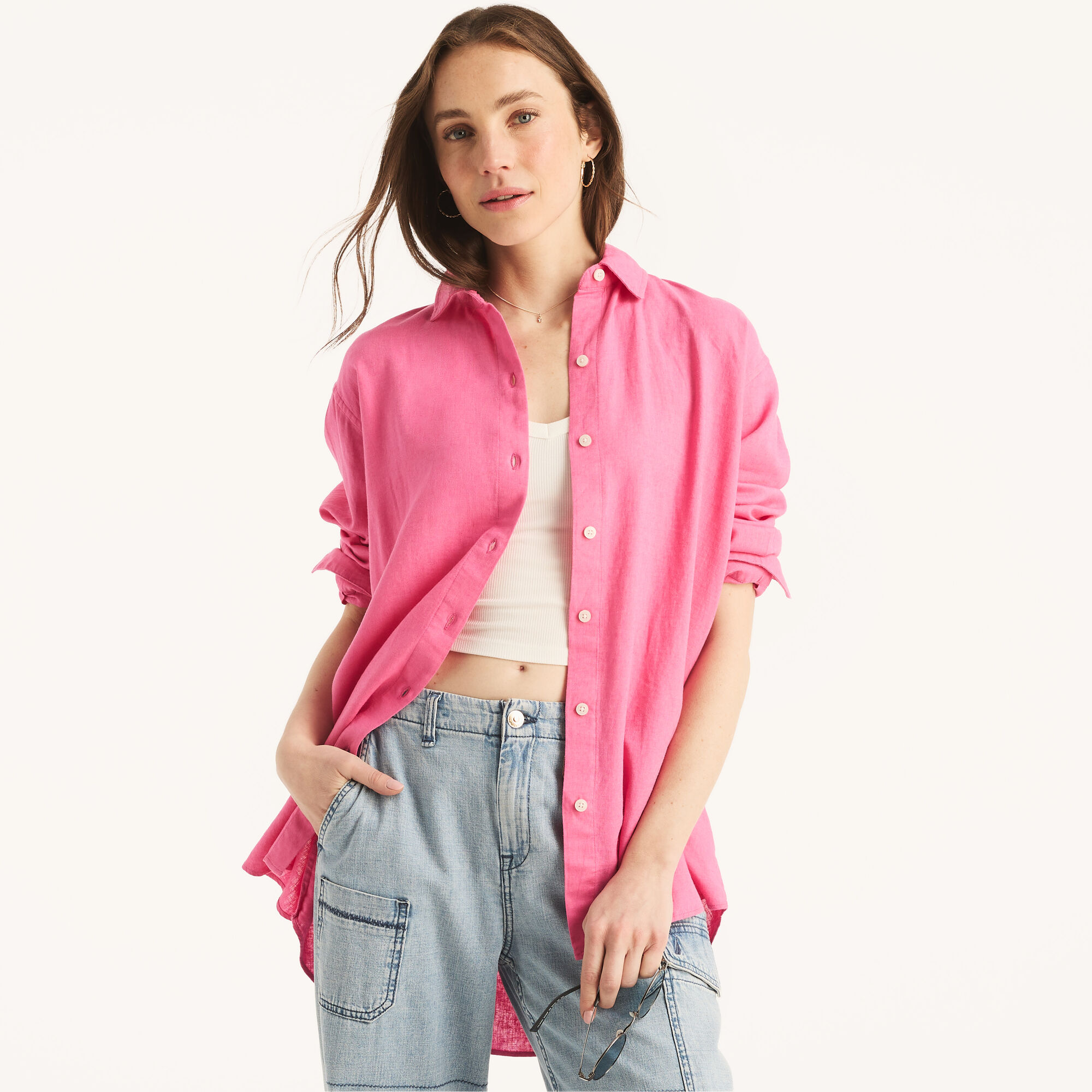 Solid Linen Tunic,Pink,large