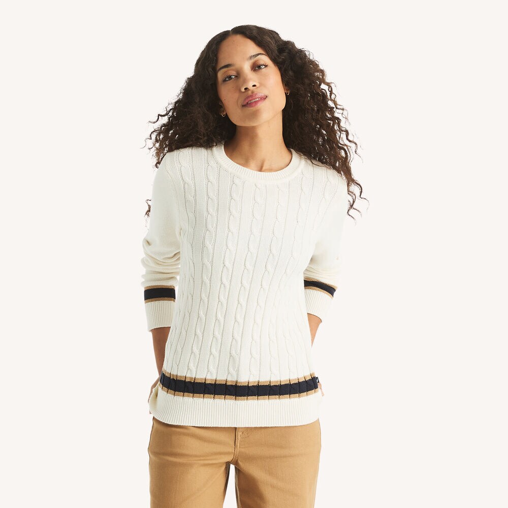 Cable-Knit Crewneck Sweater,Vanilla,large