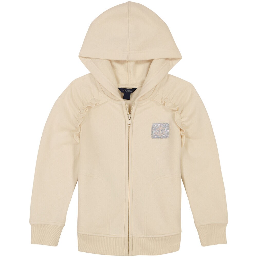 Girls' Ruffle Trim Fleece Hoodie (7-16),Raw Umber,large