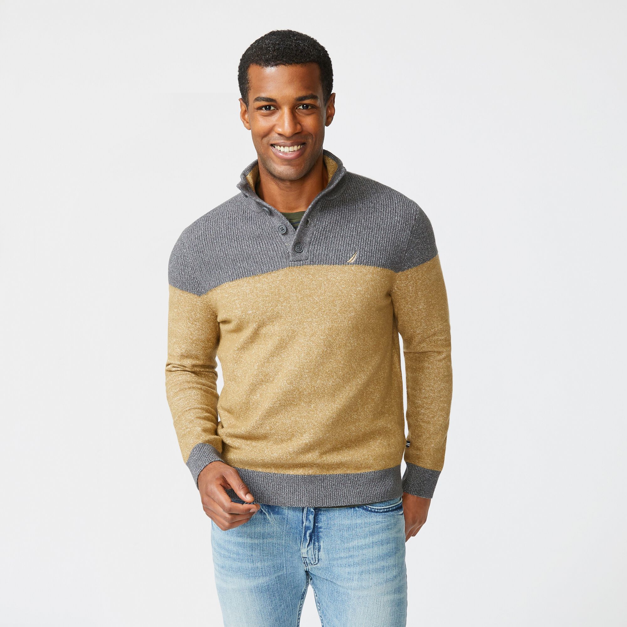 SUSTAINABLY CRAFTED COLORBLOCK SWEATER,Dark Brown,large