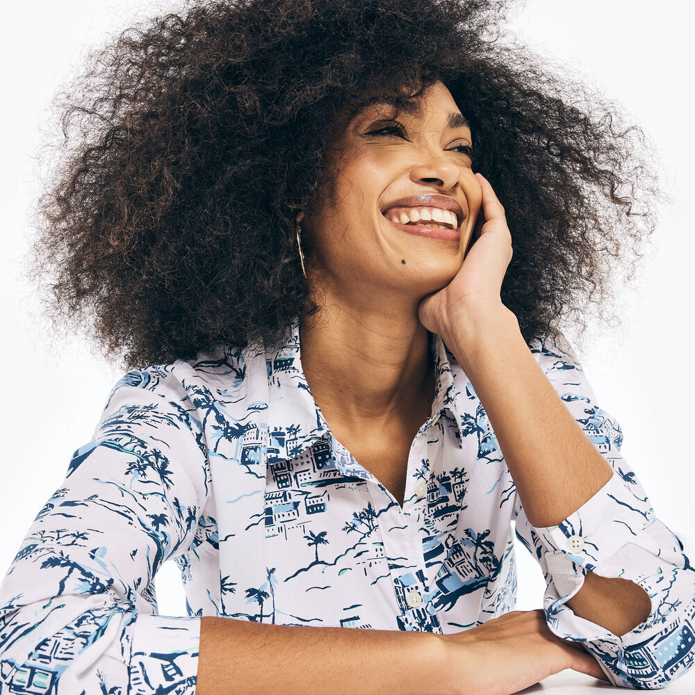 SUSTAINABLY CRAFTED PRINTED WEEKEND SHIRT,Bright White,large