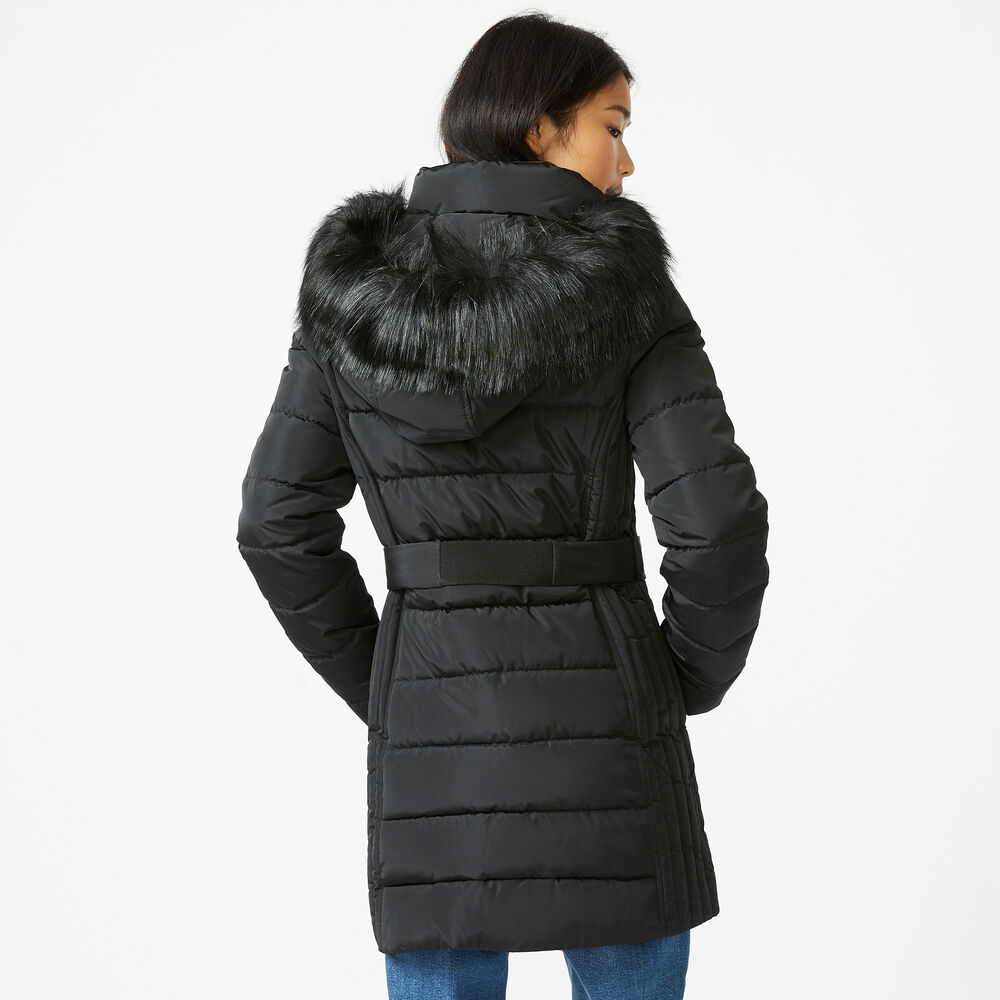 FAUX FUR TRIM HOODED BELTED PUFFER COAT,True Black,large