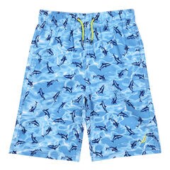 Boys' Mano Swim Trunk in Shark Print (8-20),Star Turquoise,large