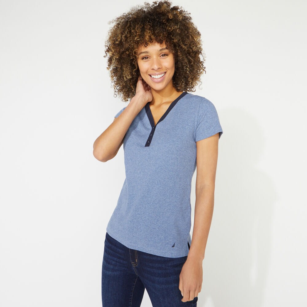 RIBBED KNIT HENLEY TOP,Aquabreeze,large