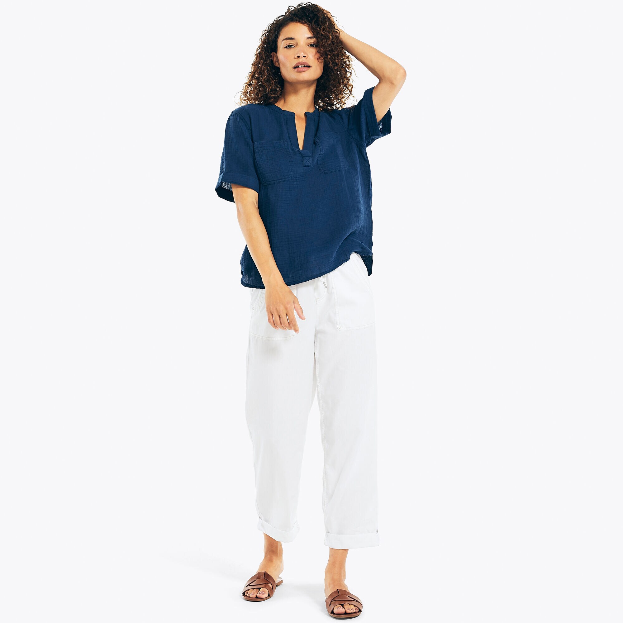 DOUBLE POCKET SPLIT-NECK SHIRT,Blue Depths,large