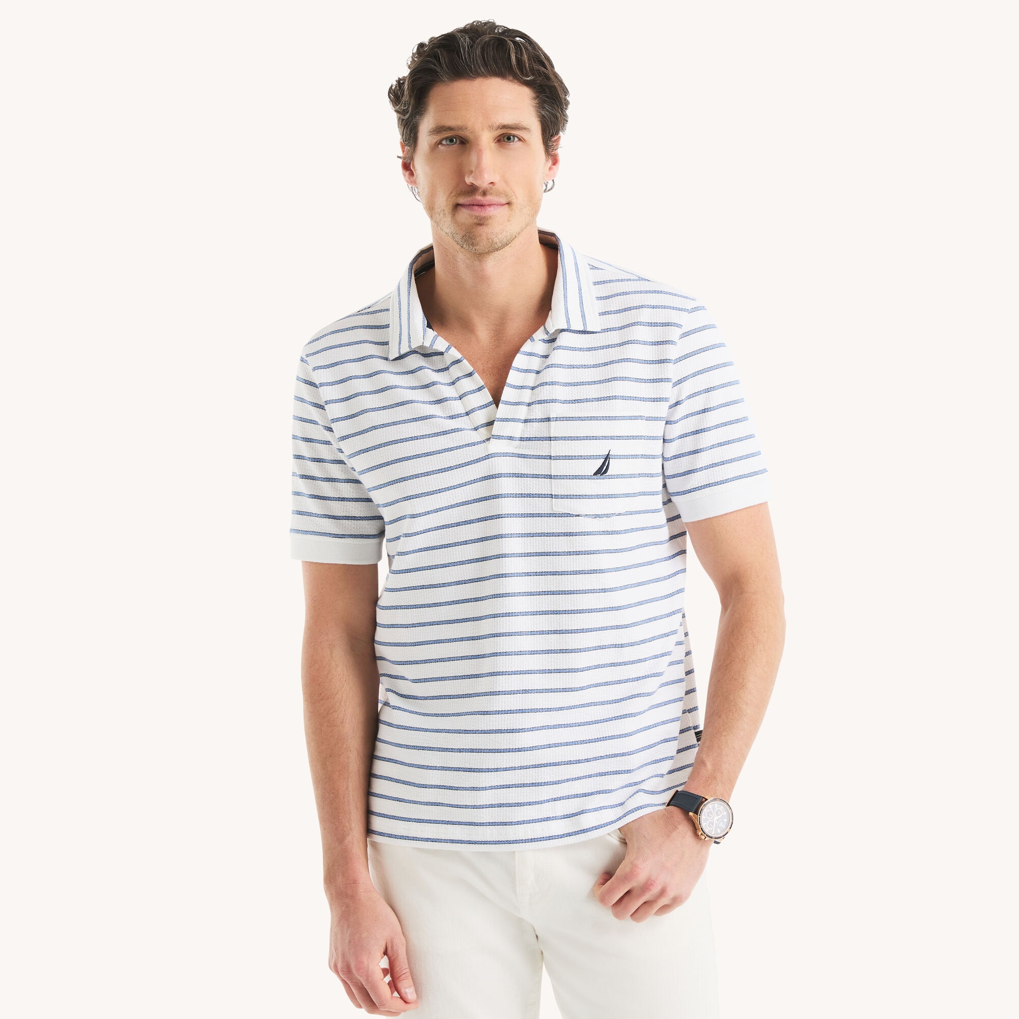 Classic Fit Striped Seersucker Polo,Bright White,large