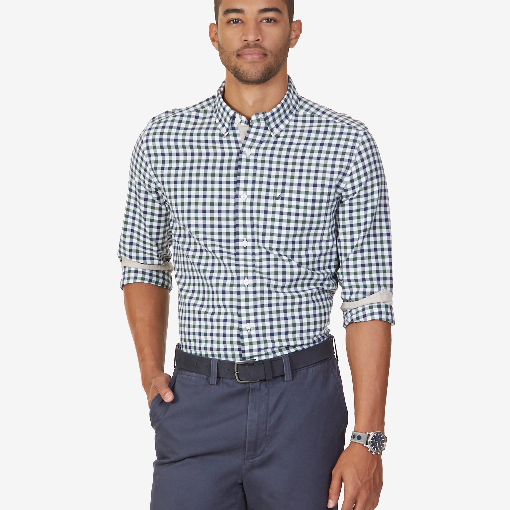 Classic Fit Gingham Check Shirt,Pacific Pine,large
