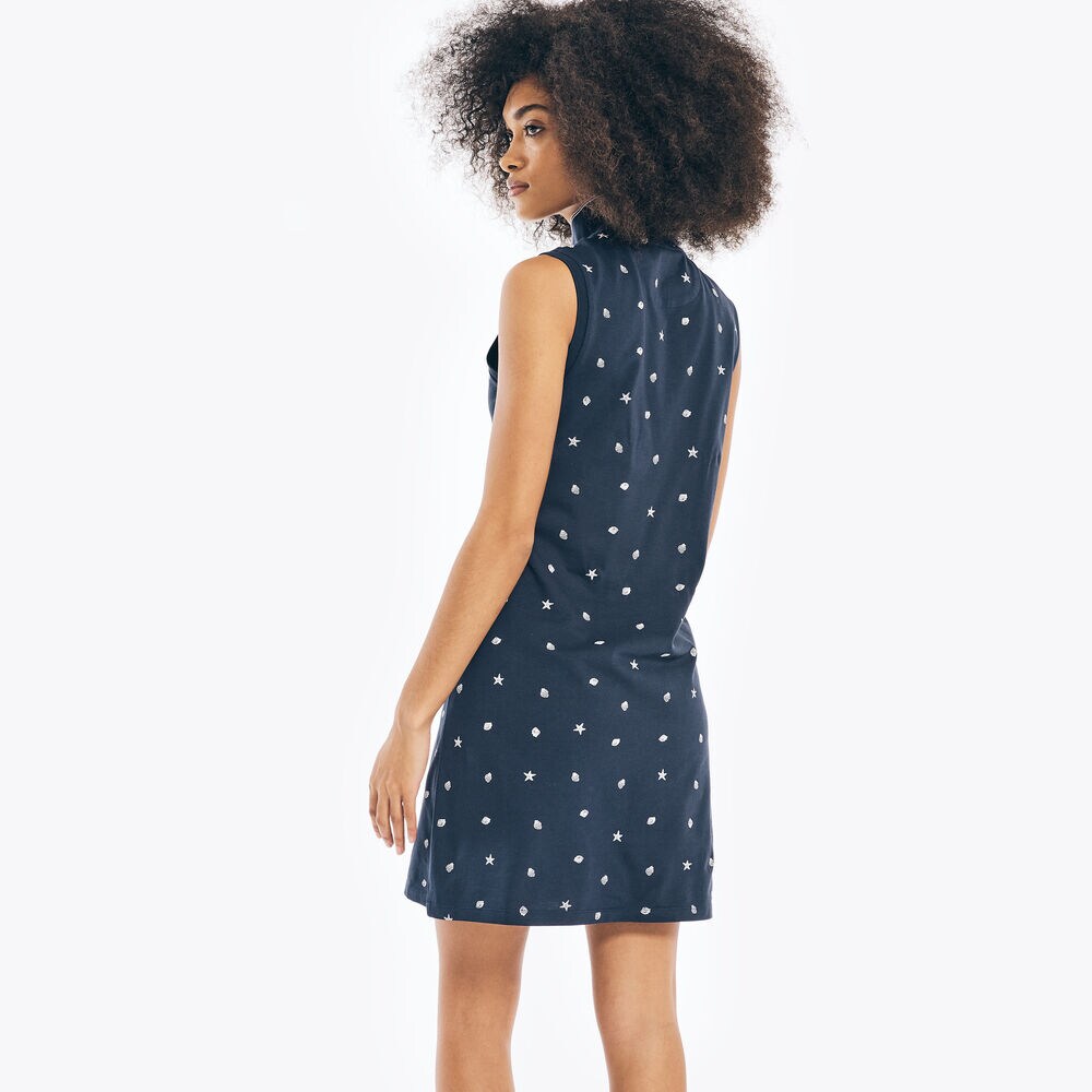 SLEEVELESS PRINTED POLO DRESS,Stellar Blue Heather,large