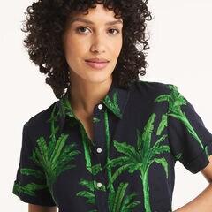 Printed Camp Linen Shirt,Navy,large