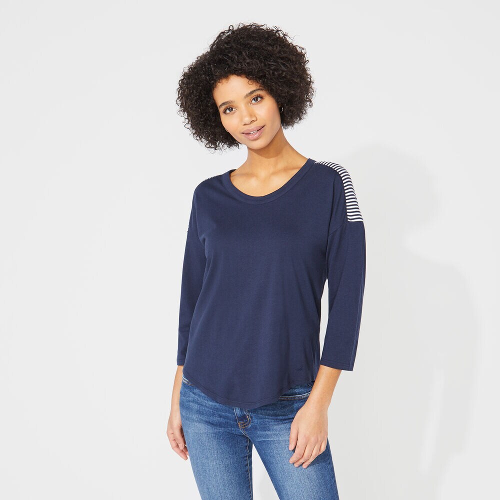 STRIPE-ACCENTED THREE-QUARTER SLEEVE TOP,Stellar Blue Heather,large