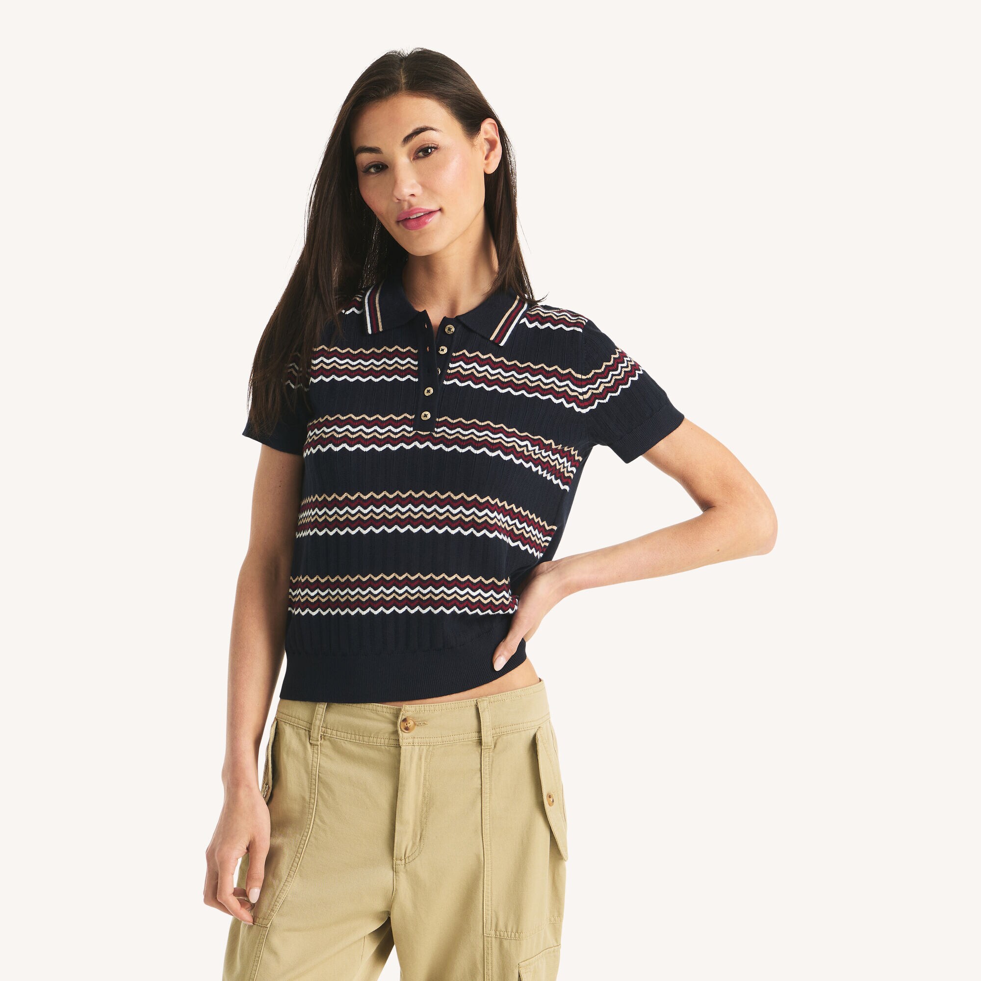 Short-Sleeve Striped Polo Sweater,Ice Blue,large