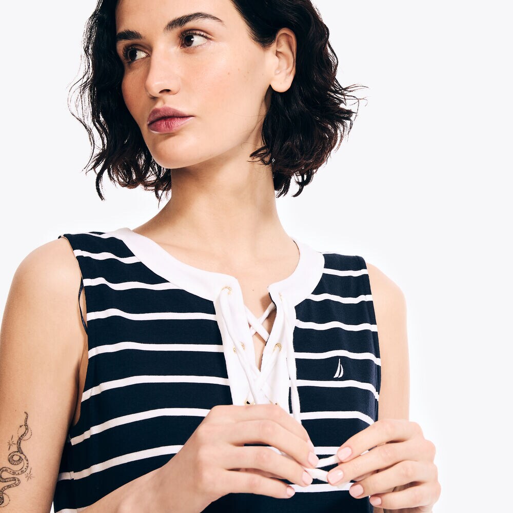 Lace-Up Striped Tunic Dress,Stellar Blue Heather,large