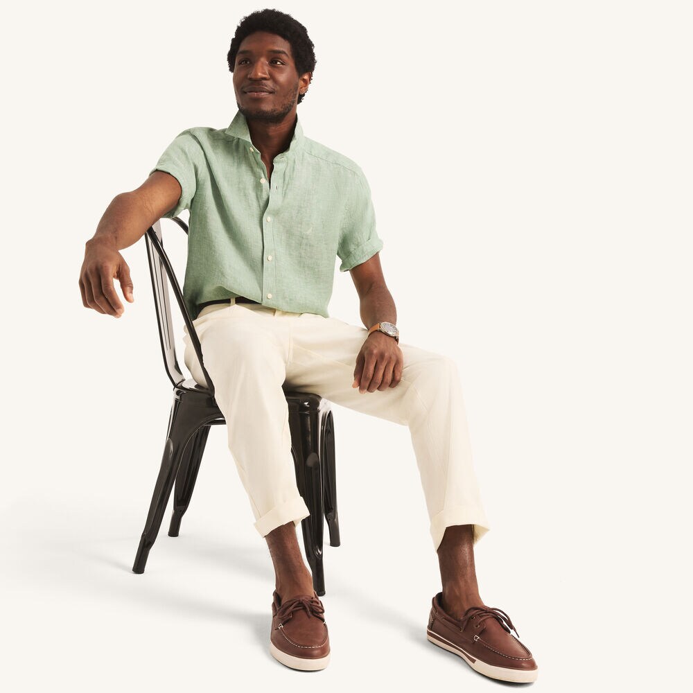 Solid Linen Short-Sleeve Shirt,Tropic Jade,large