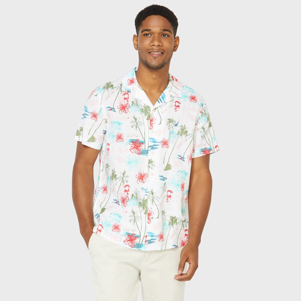 TROPICAL PRINT SHORT SLEEVE LINEN SHIRT,Bright White,large