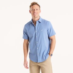 Classic Fit Wrinkle-Resistant Dobby Short-Sleeve Shirt,Dock Blue,large