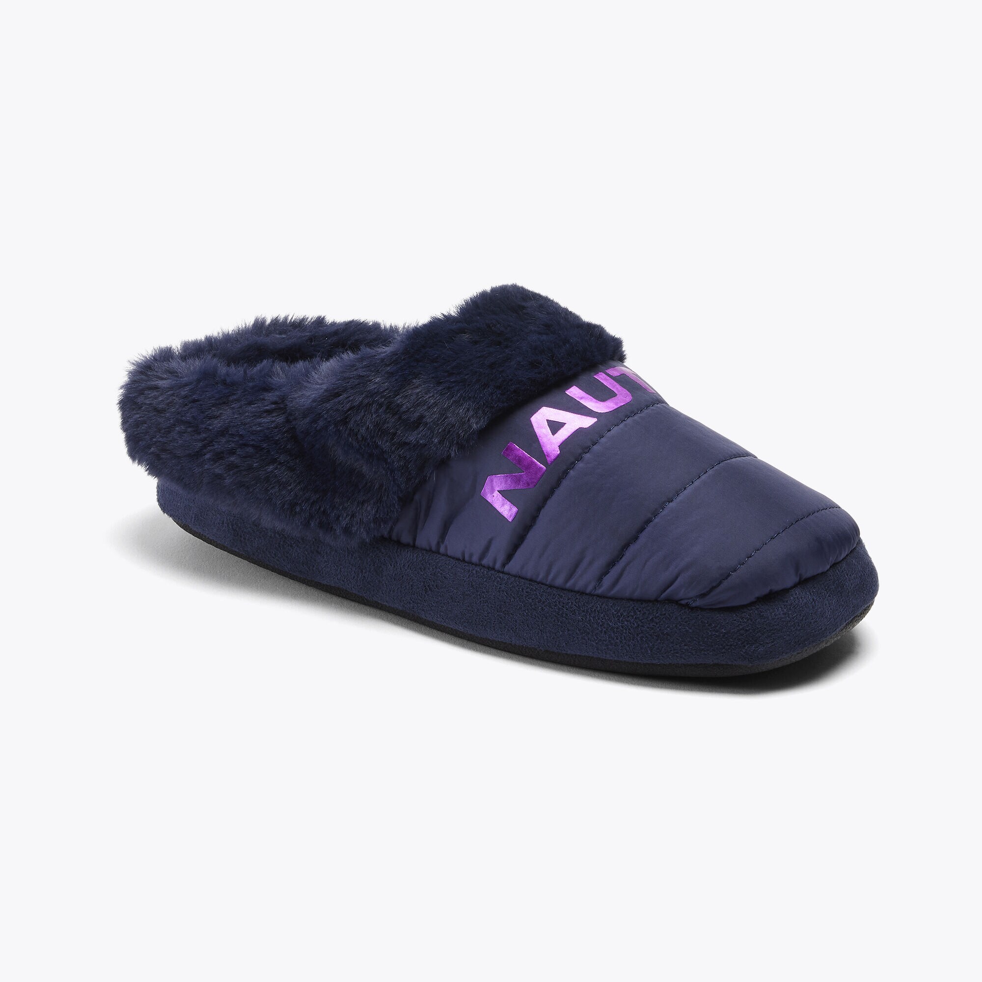 FAUX-FUR-TRIMMED LOGO SLIPPER,Navy,large