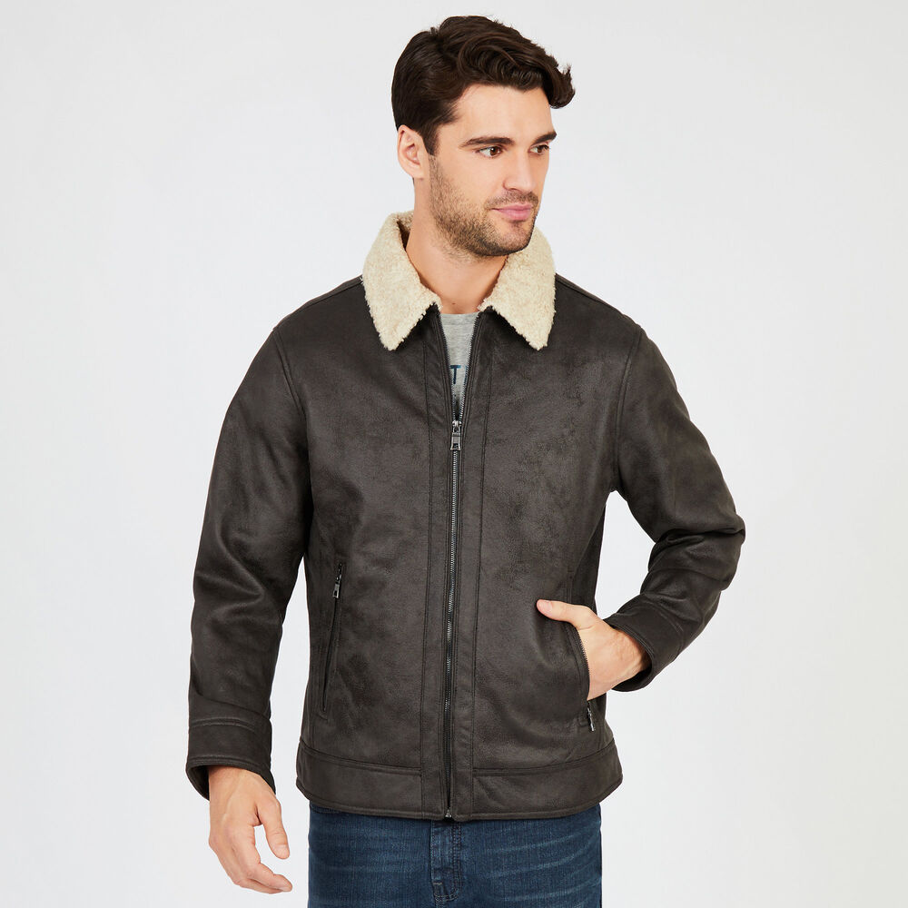 Faux Suede Shearling Jacket,Dark Brown,large