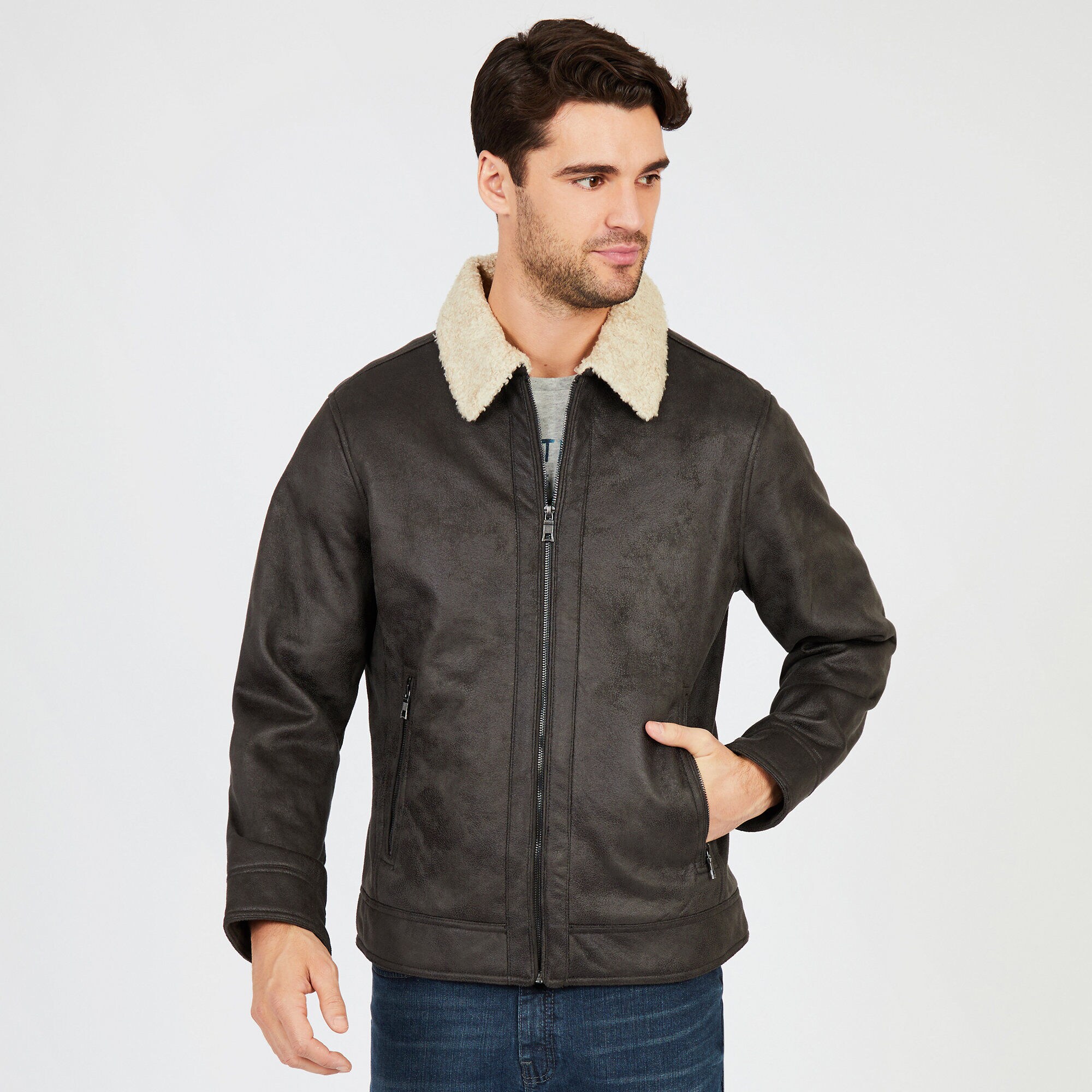 Faux Suede Shearling Jacket,Dark Brown,large