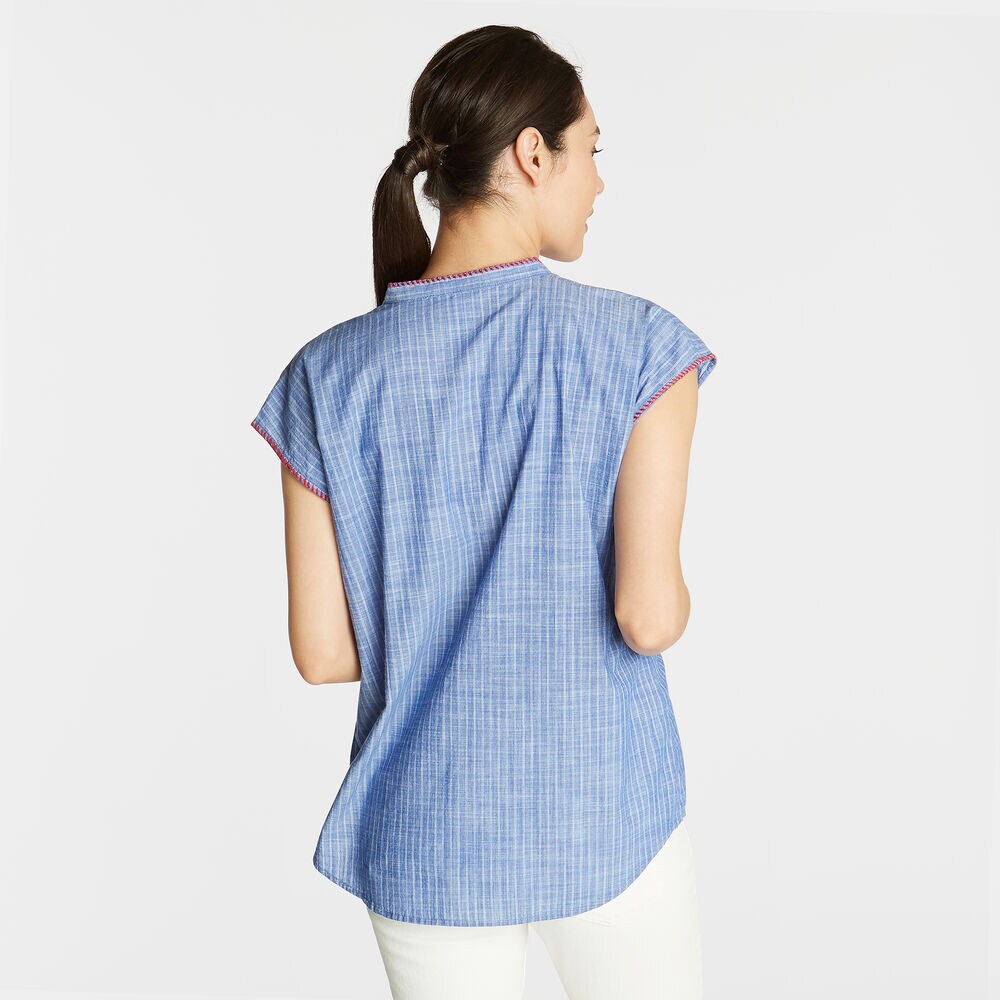 EMBROIDERED COTTON BLOUSE IN YARN DYED STRIPE,Deep Navy Heather,large