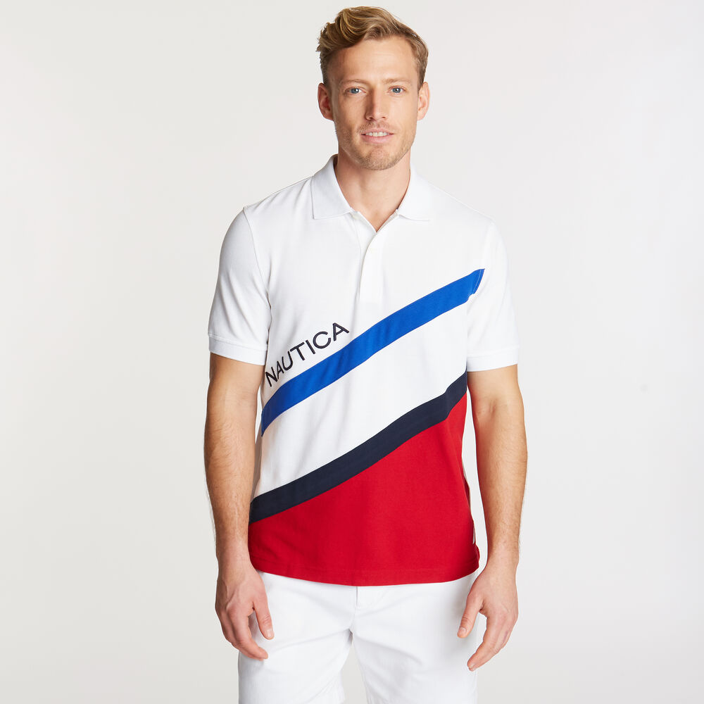 Classic Fit Performance Polo in Diagonal Colorblock,Bright White,large