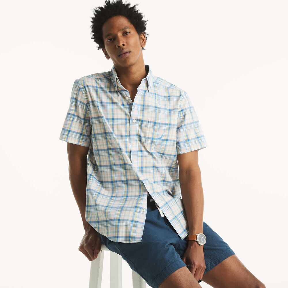 Plaid Short-Sleeve Shirt,Bright White,large