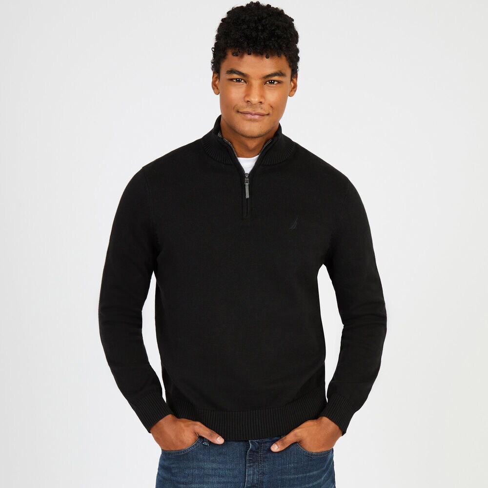 Quarter Zip Cotton Pullover,True Black,large
