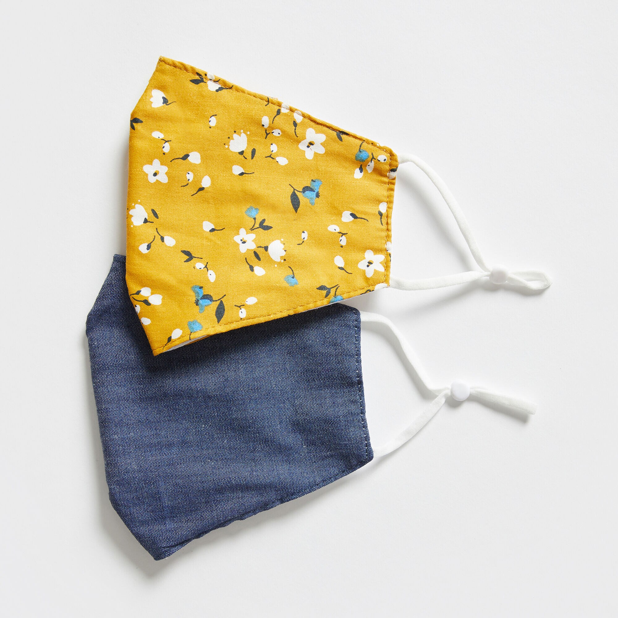 FLORAL PRINT AND DENIM REUSABLE FACE MASK, 2 PACK,Marigold,large