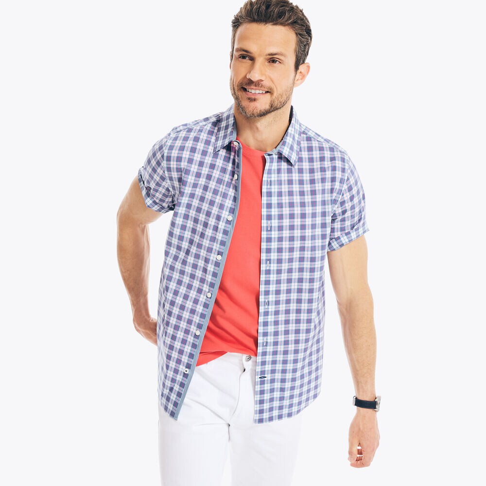 NAVTECH TRIM FIT PLAID SHORT-SLEEVE SHIRT,Bright White,large