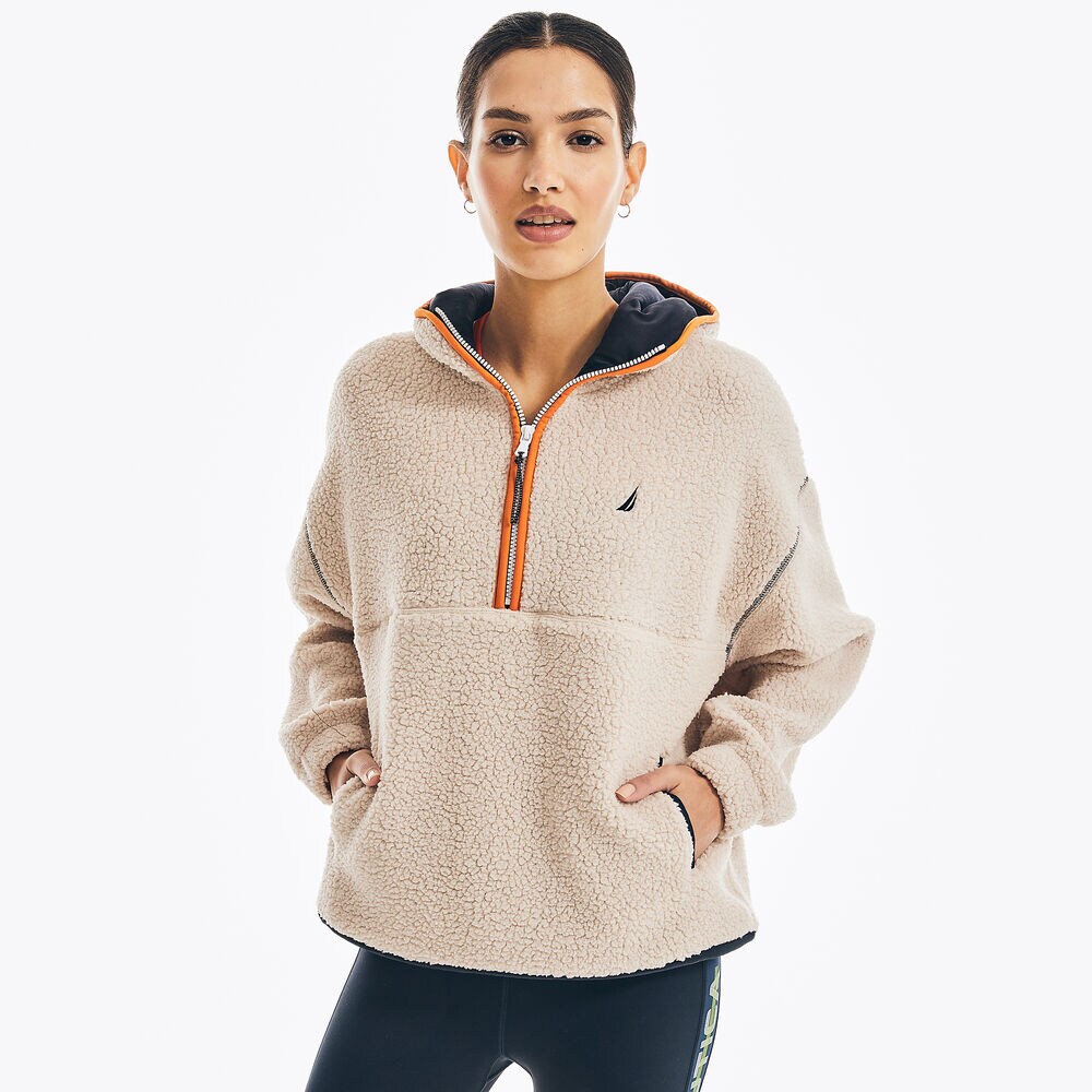 MIXED MEDIA QUARTER-ZIP SHERPA FLEECE HOODIE,Nautica Stone,large