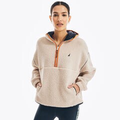 MIXED MEDIA QUARTER-ZIP SHERPA FLEECE HOODIE,Nautica Stone,large