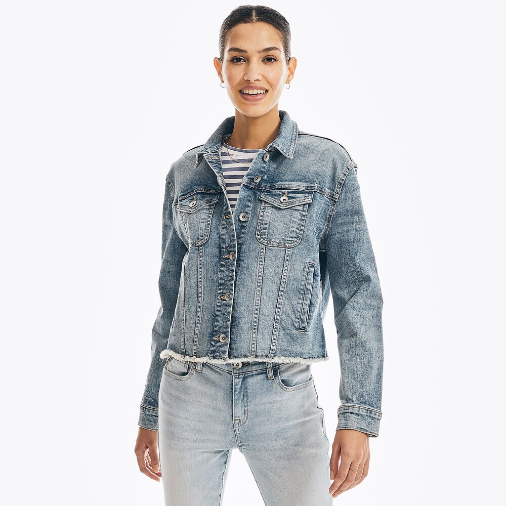 NAUTICA JEANS CO. FRAYED DENIM JACKET,Pool Side Aqua,large