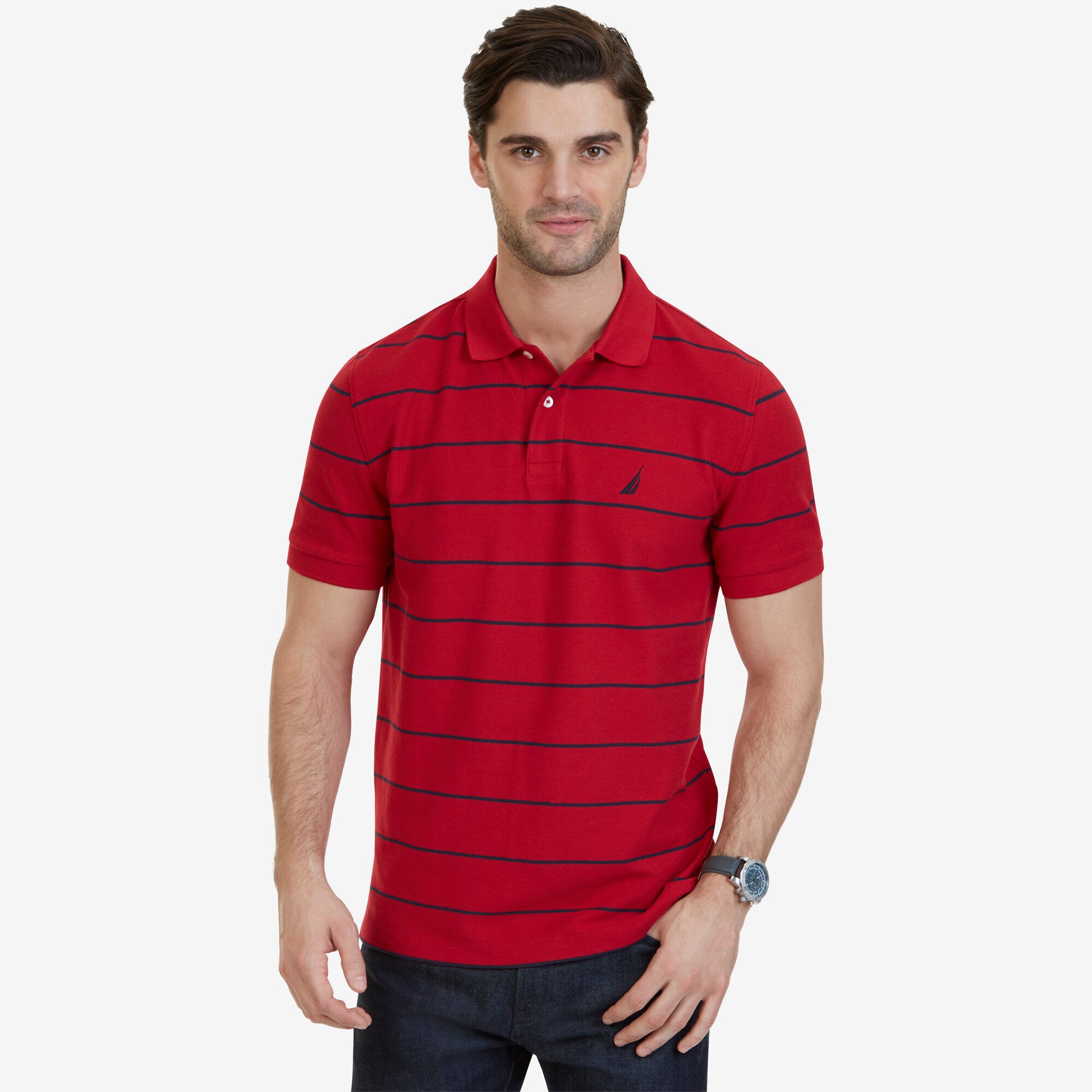 Classic Fit Striped Performance Polo,Nautica Red,large