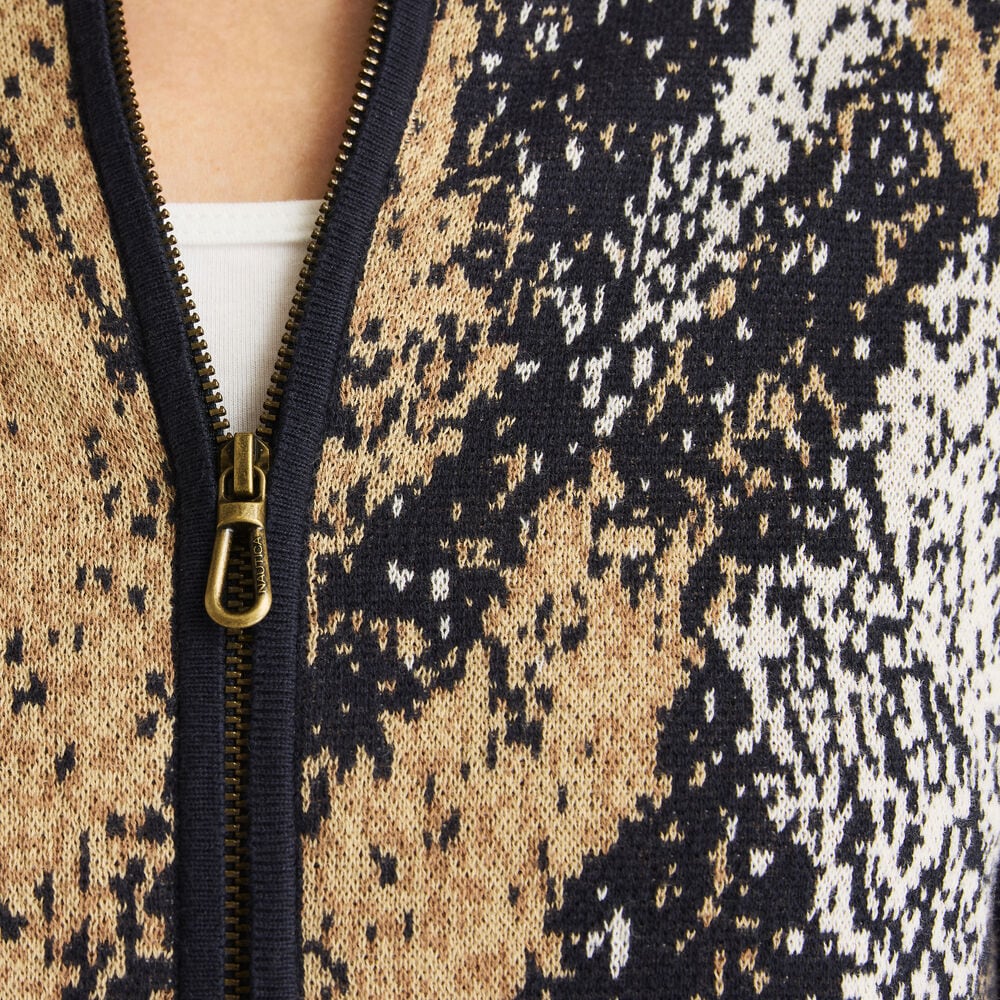 Full-Zip Plaid Sweater,Navy,large