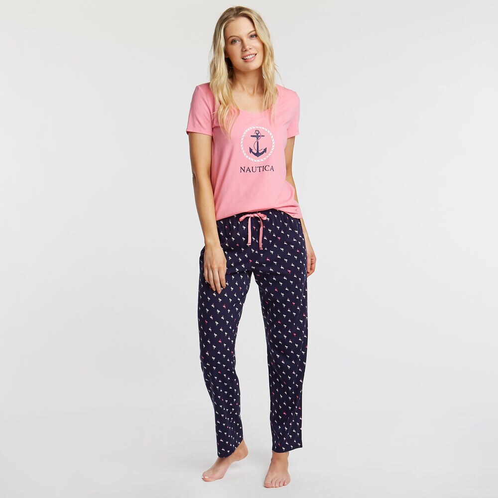 Pajama Set in Flamingo Print,Navy,large