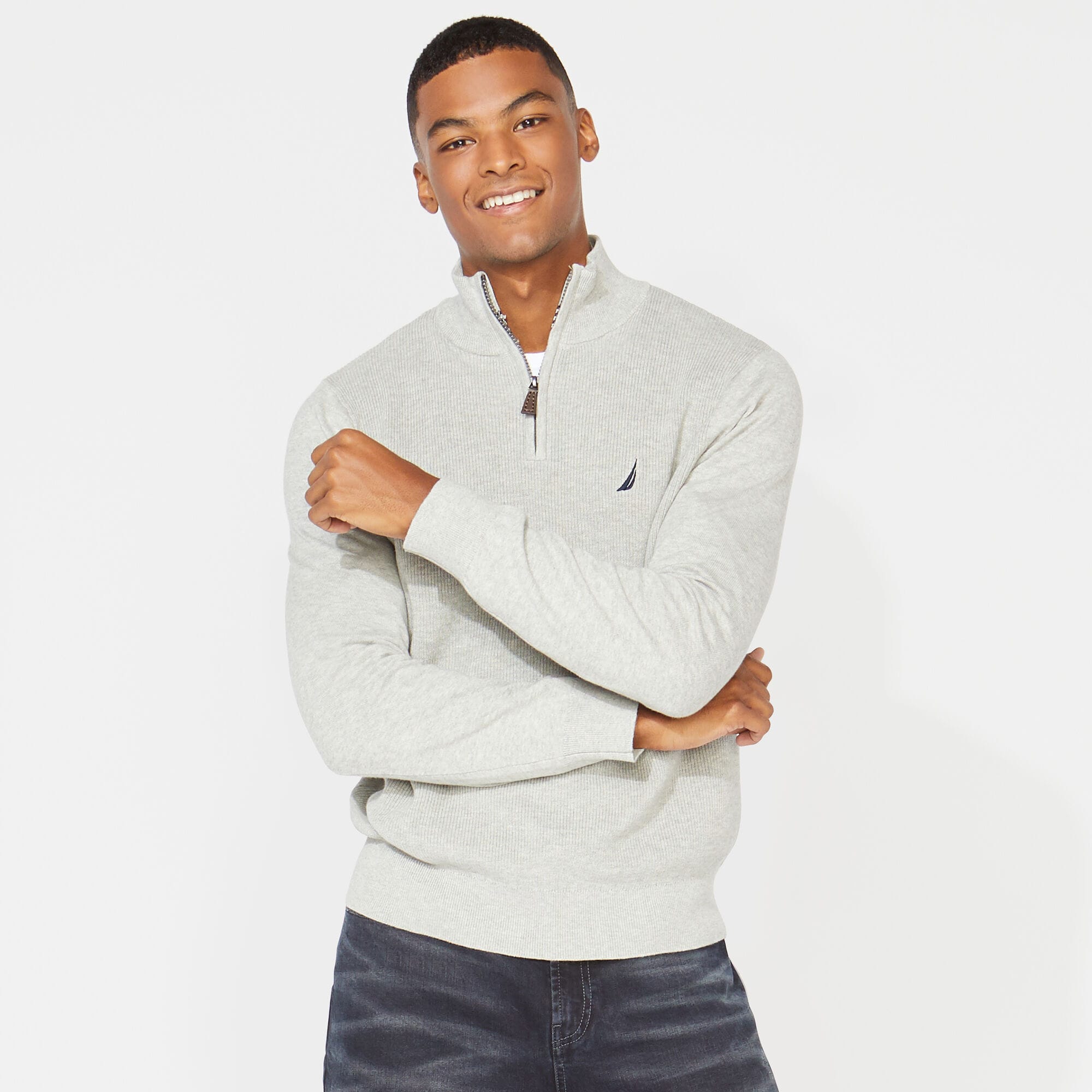 RIBBED-FRONT QUARTER-ZIP SWEATER,Grey Heather,large