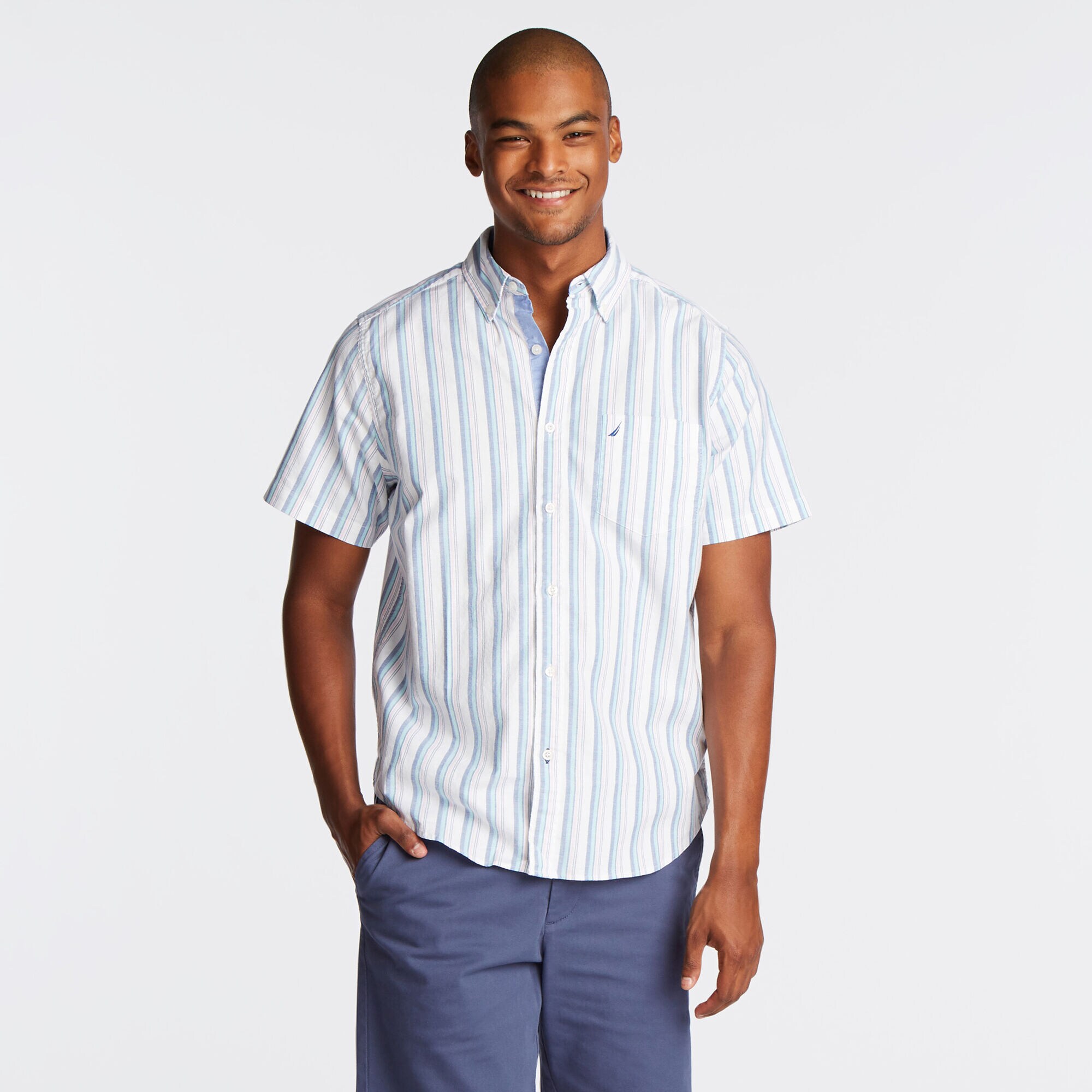 CLASSIC FIT SHORT SLEEVE SHIRT IN VERTICAL STRIPE,Bright White,large