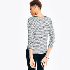 Notch-Neck Striped Long-Sleeve Top,True Black,large