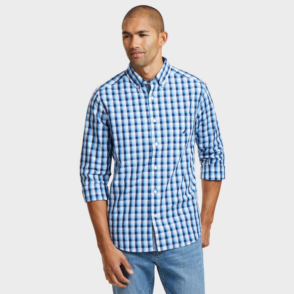 Classic Fit Poplin Shirt in Plaid,Alaskan Blue,large