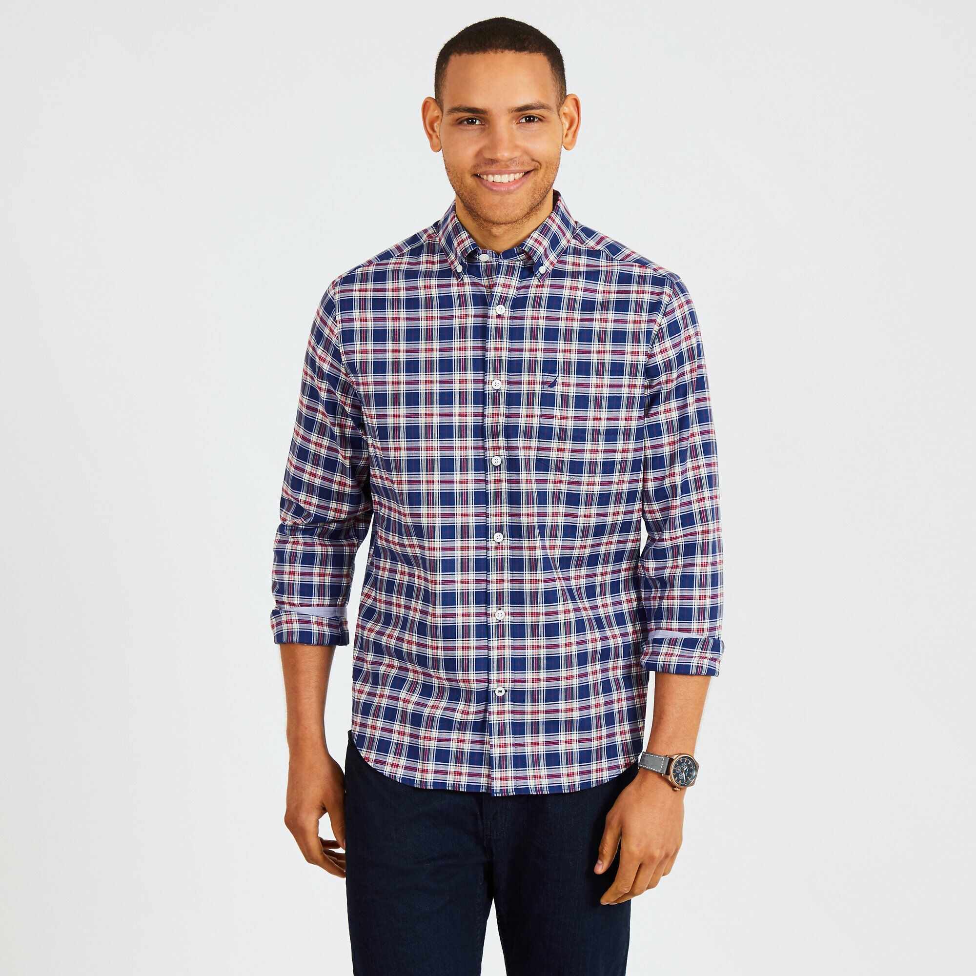 Big & Tall Tencel Plaid Classic Fit Shirt,J Navy,large