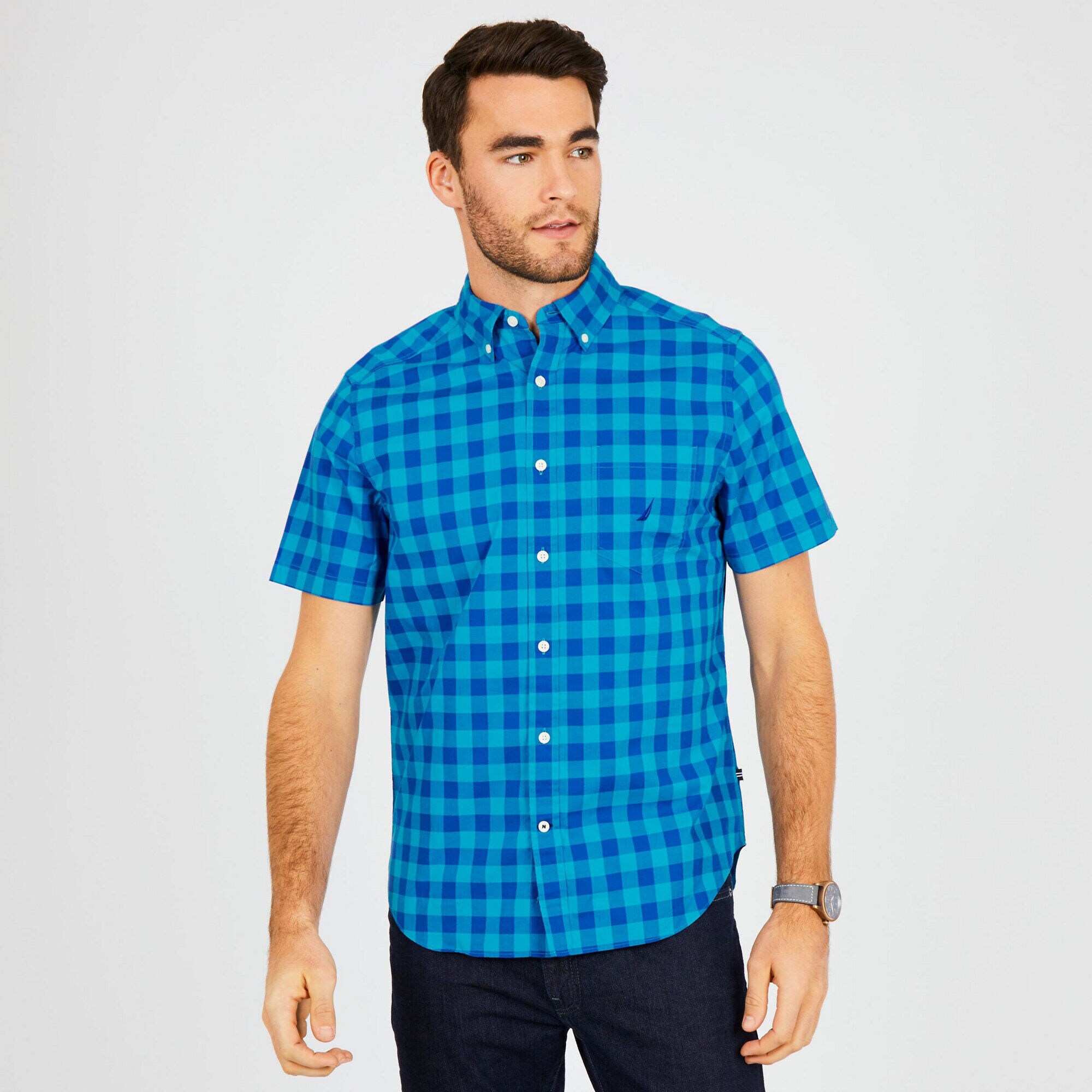 Classic Fit Short Sleeve Plaid Button Down,Hawaiian Ocean,large
