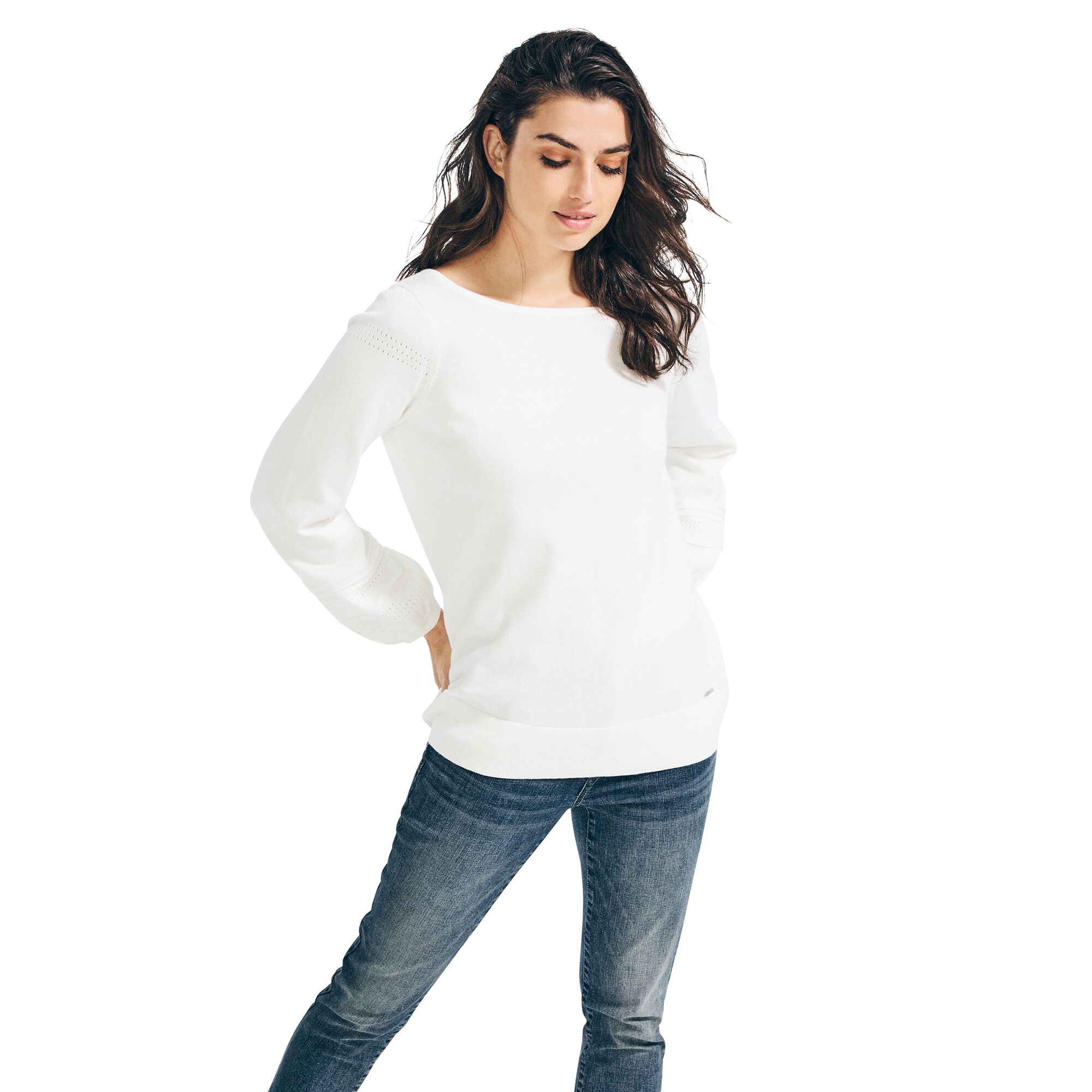 POINTELLE-KNIT BOAT NECK SWEATER,Marshmallow,large