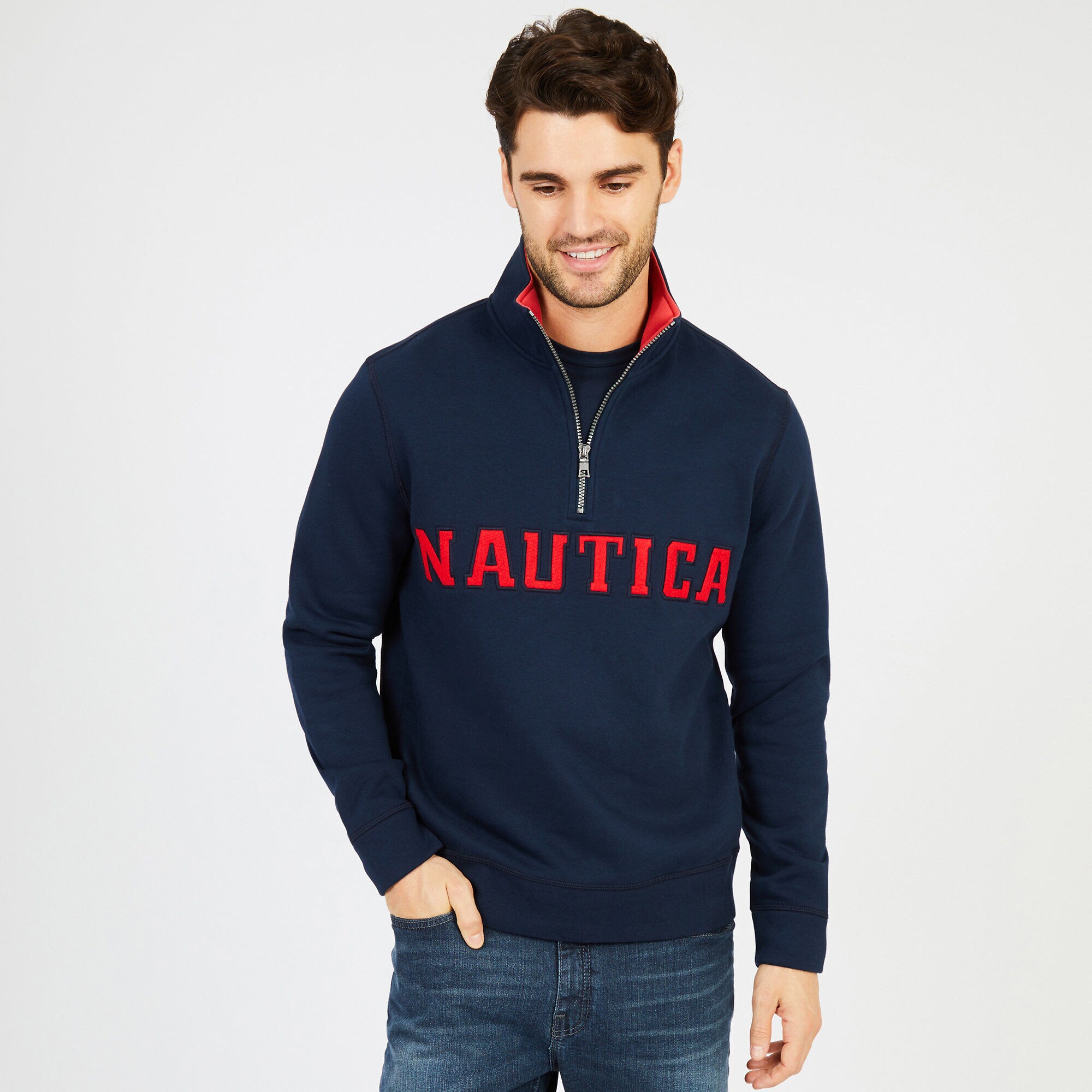 Long Sleeve Quarter-Zip Logo Pullover,Navy,large