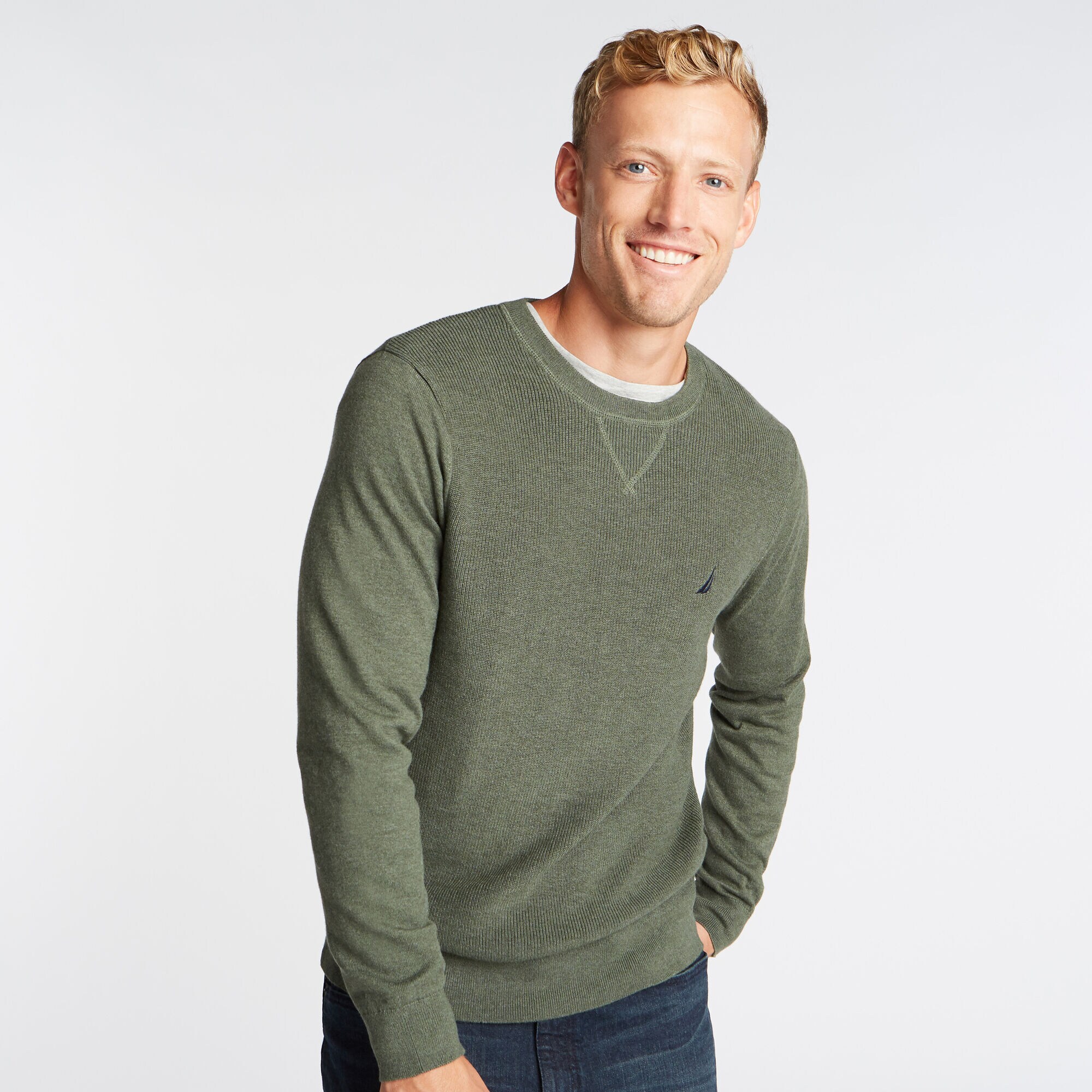CREWNECK RIBBED FRONT SWEATER,Pine Forest Heather,large