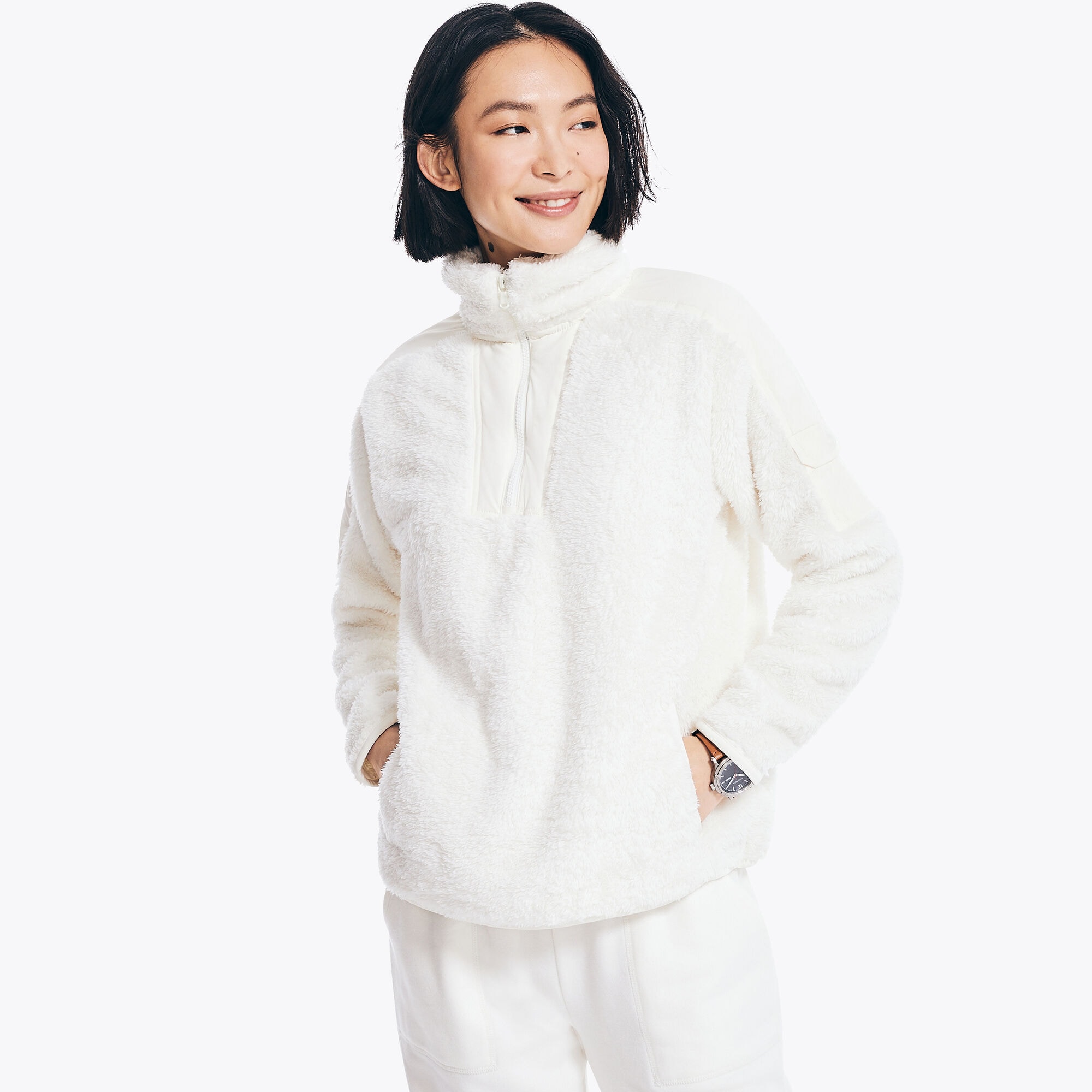 Faux Shearling Mixed Media Quarter-Zip Jacket,Marshmallow,large