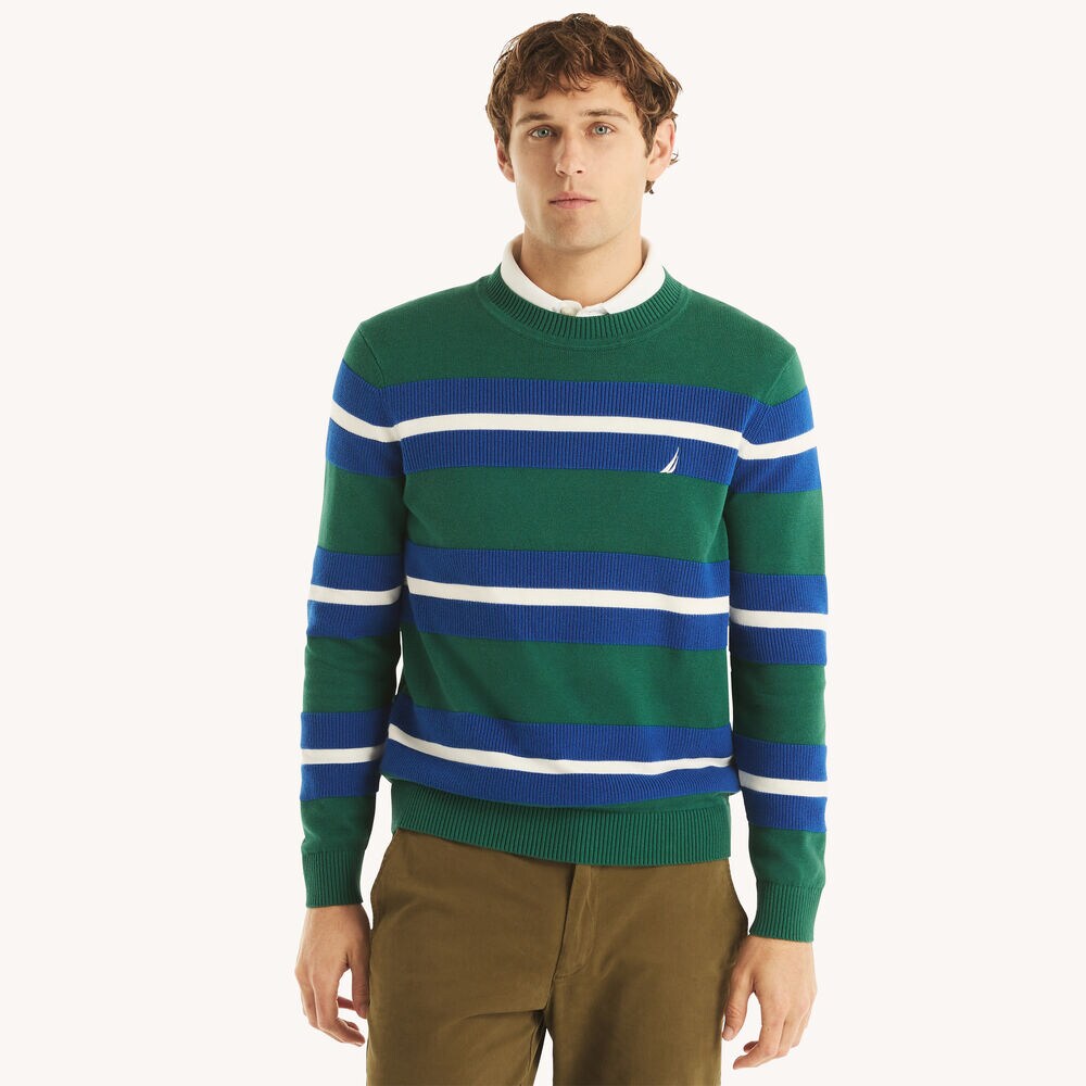 Striped Textured Crewneck Sweater,Nile,large