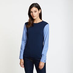 Striped Sleeve Crewneck Sweater,Stellar Blue Heather,large