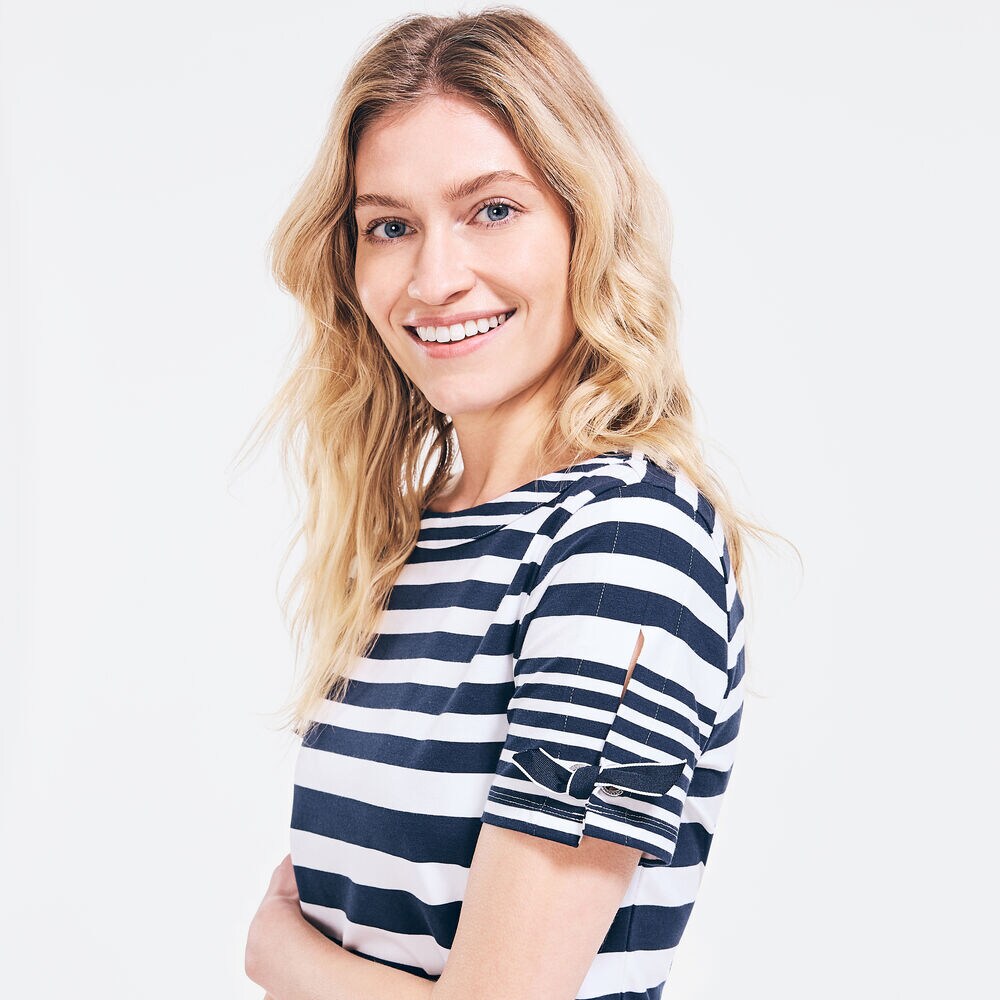 SUSTAINABLY CRAFTED STRIPED TIE-SLEEVE DRESS,Stellar Blue Heather,large
