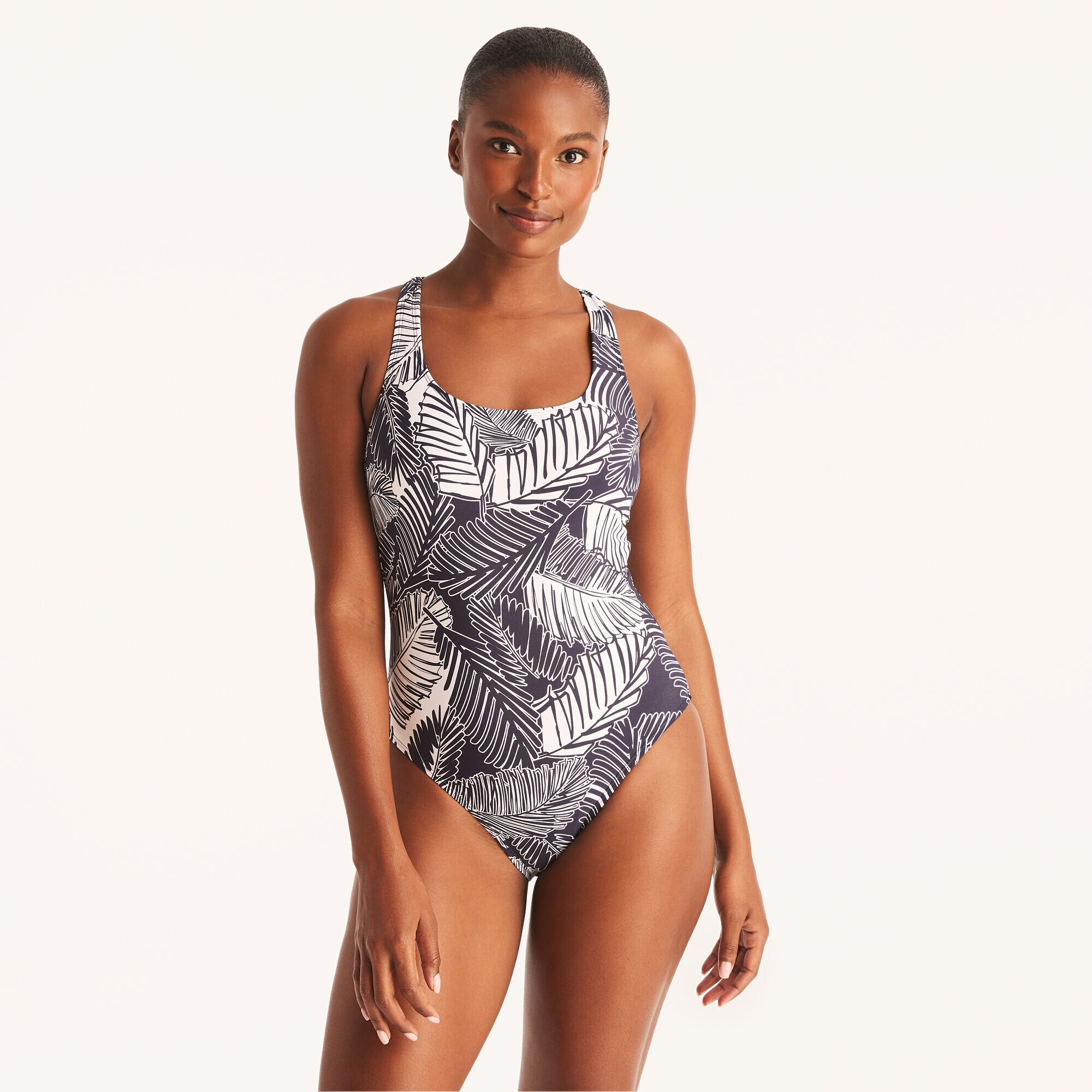 Printed Cross-Back One-Piece Swim,Stellar Blue Heather,large