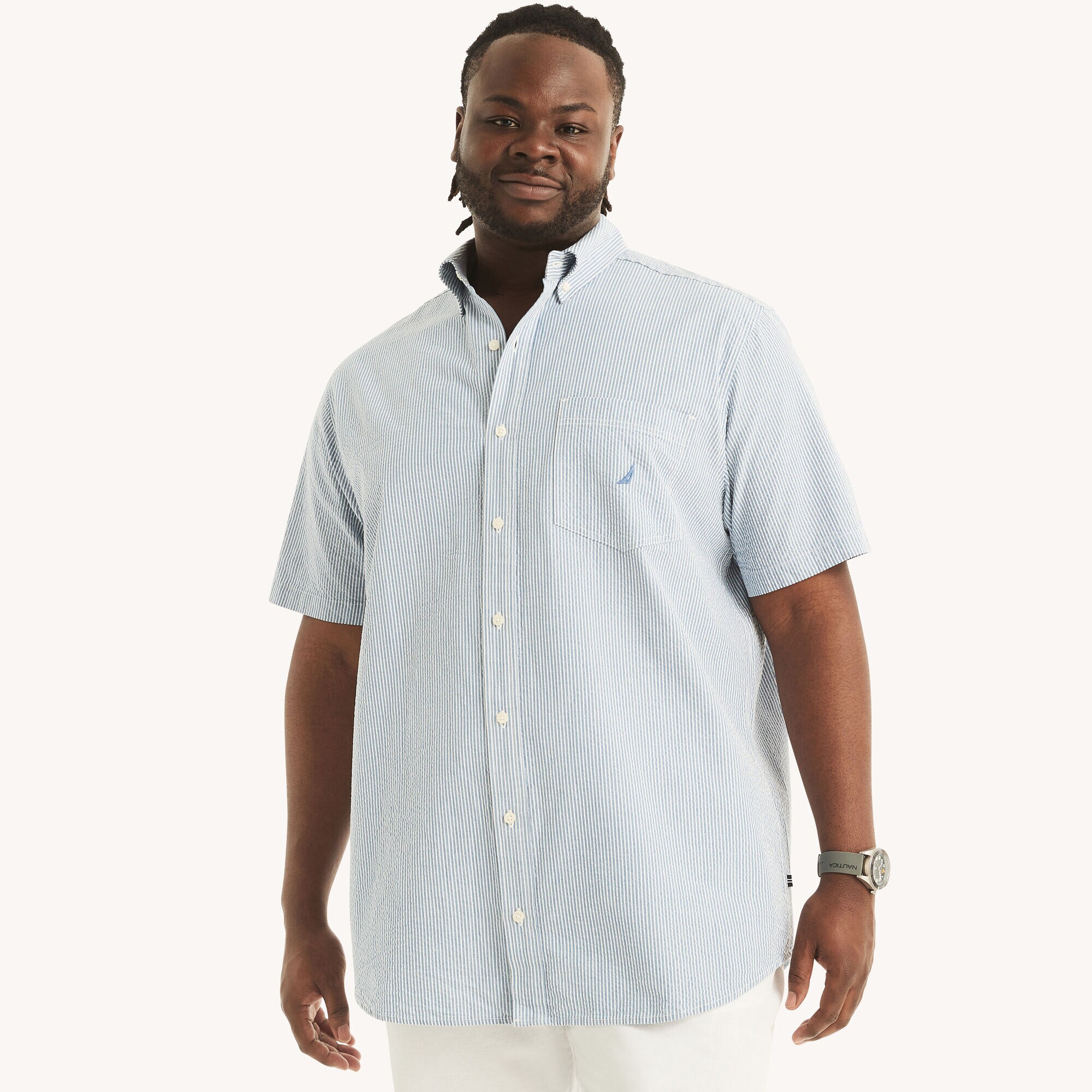 Big & Tall Seersucker Striped Short-Sleeve Shirt,Star Sapphire,large